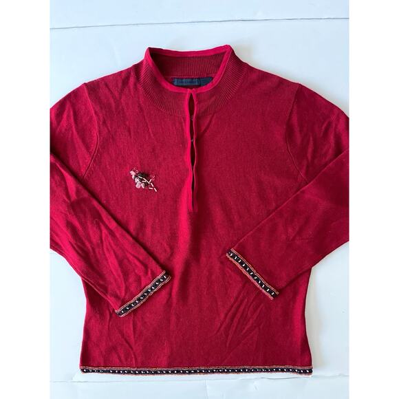 Lance Karesh Silk Cashmere Blend Sweater Women M Red Beaded 3/4 Sleeve Retro - Picture 1 of 11